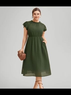 BloomChic Olive Green Midi Dress with Ruffle Sleeves